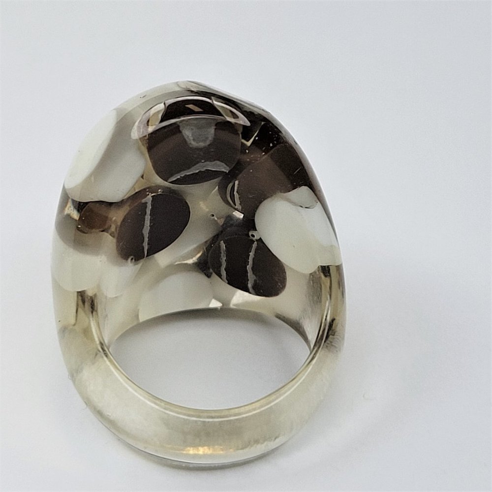 Chunky Oval Shape Resin Ring With Brown and White Pill Beads Lucite Large Ring